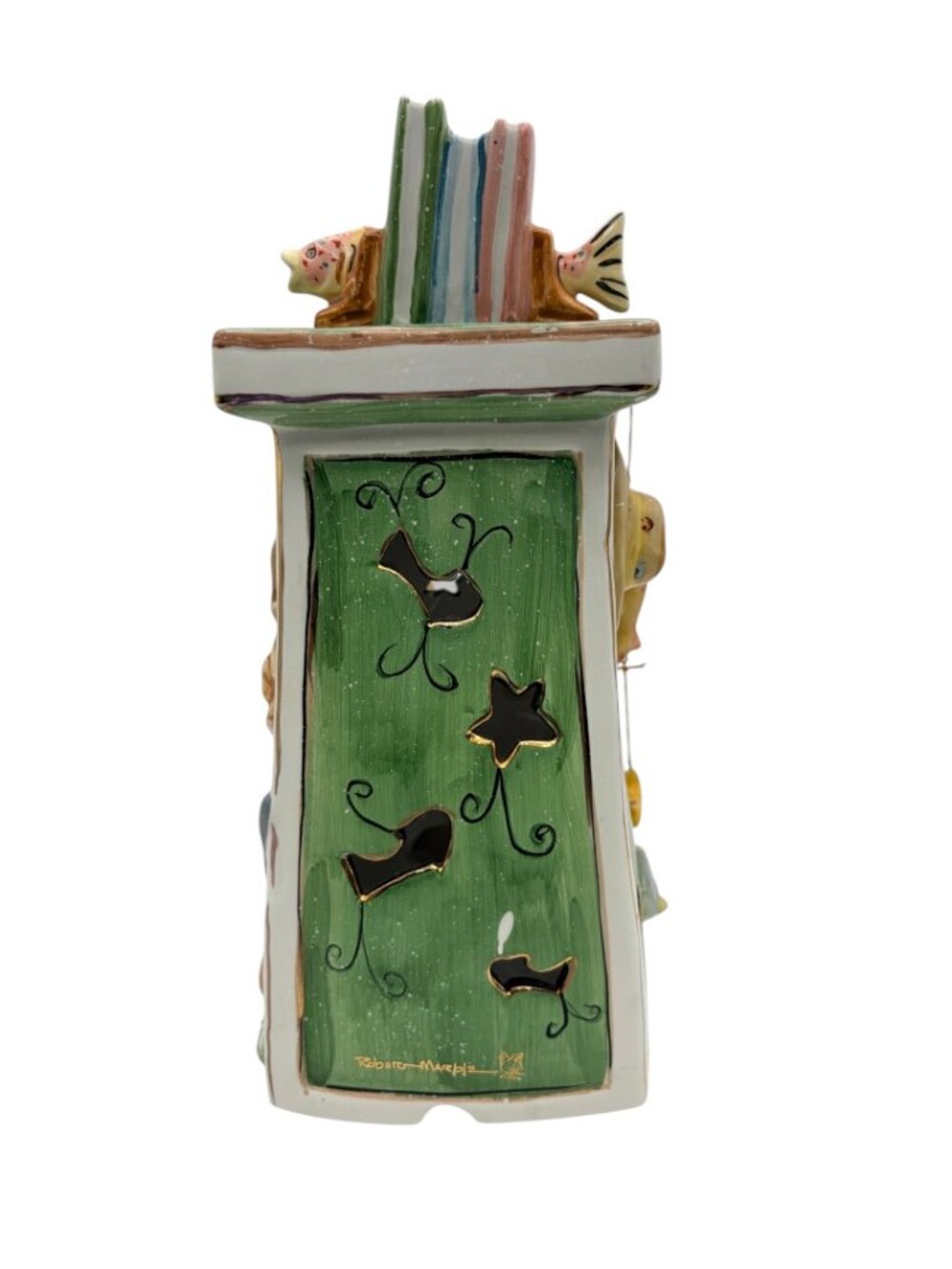 Robert Marble SIGNED Fishing Soothes The Soul Ceramic Candle Tower Sculpture - Picture 4 of 11